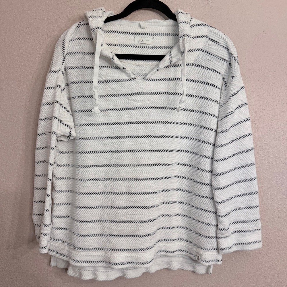 Lou & Grey Women White Navy Striped Herringbone Textured Pullover Hoodie 488916